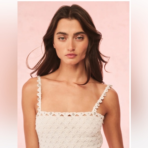 LoveShackFancy Camara Rhinestone Cotton Lace Mini Dress in Optic White NEW - Picture 3 of 16